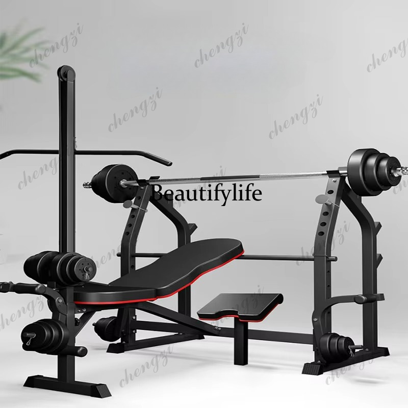 Home Gym Equipment Set - ชุดอุปกรณ์ออกกำลังกายอเนกประสงค์สำหรับใช้ที่บ้านและในยิม ประกอบด้วย แร็คสควอทและม้านั่งยกน้ำหนักแบบพับได้ ดัมเบล และบาร์เบล