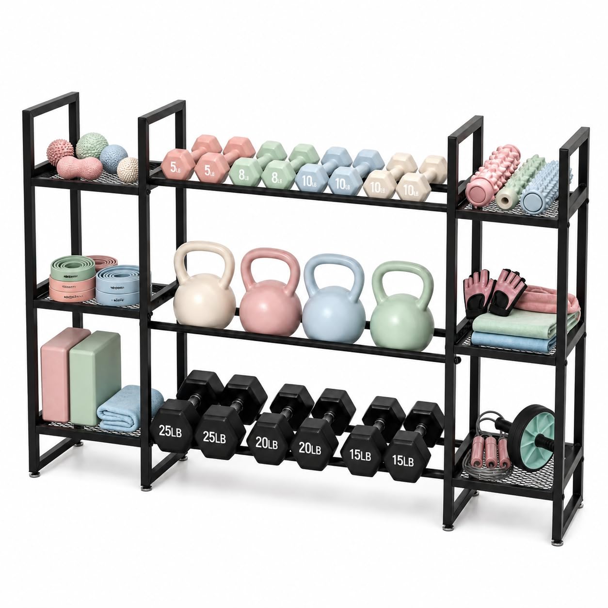 All In One Gym Home Equipment - ชั้นวางดัมเบล 3 ชั้น, รับน้ำหนักได้ 260 ปอนด์ต่อชั้น